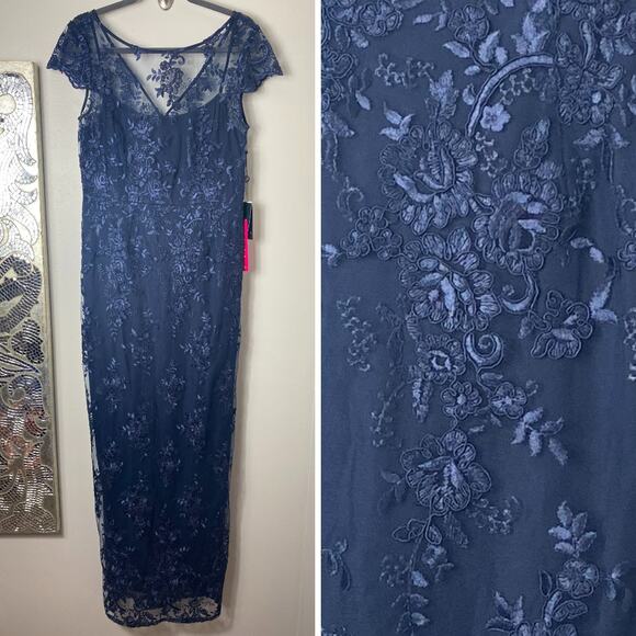 NWT ADRIANNA PAPELL DRESS FLORAL EMBROIDERED MIDNIGHT NAVY BLUE COLUMN GOWN MAXI - Picture 2 of 15